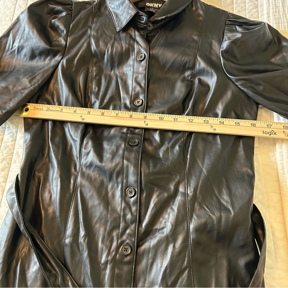 DKNY Short Puff Sleeve Faux Leather Button Down Dress. Size 4. - Picture 7 of 16